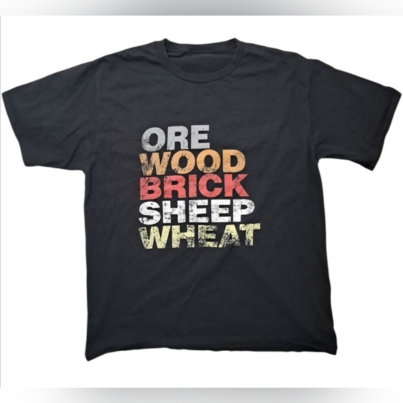 Settlers Of Catan Ore Wood Brick Sheep Wheat Graphic T-Shirt Size L - Picture 1 of 8